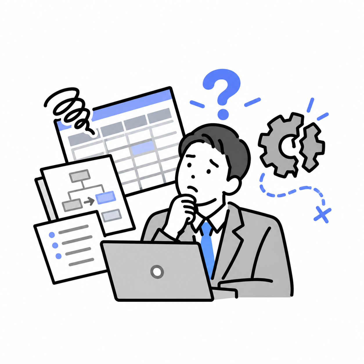 壊れた仕組みとExcelに困る事業者のイラスト