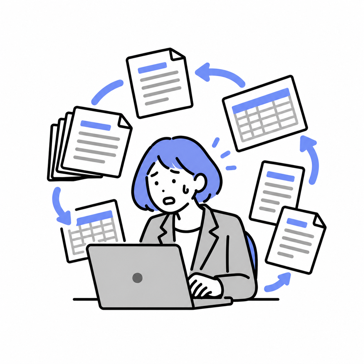 複数の書類を転記する作業のイラスト