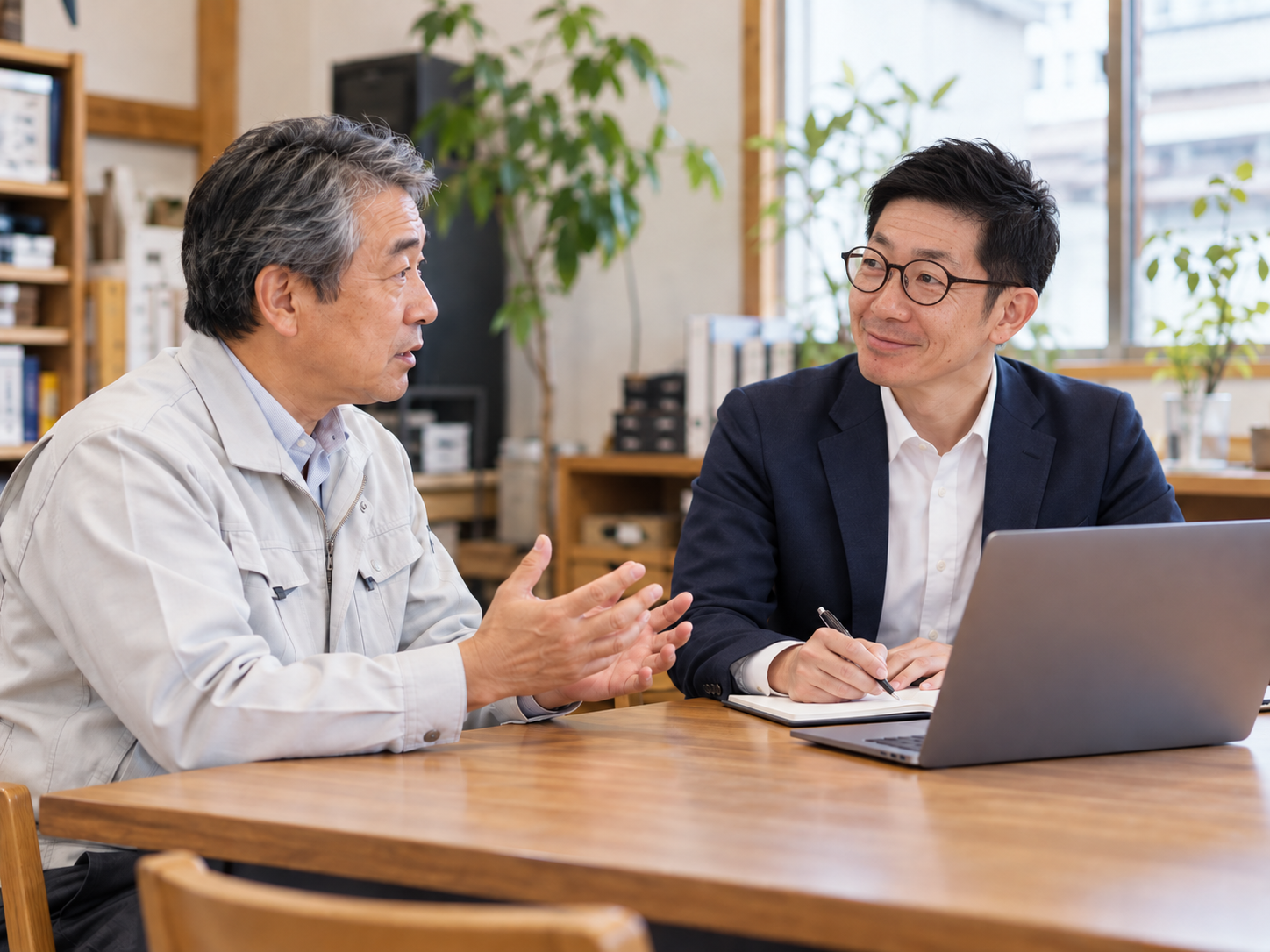 代表者が経営者の相談を丁寧に聞く様子